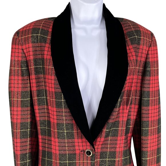 Anne Klein II Womens L Red Black Plaid 95% Wool Long Blazer Velvet Shawl Collar - Picture 4 of 15